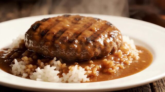 Close up shot of a steaming hot juicy grilled burger patty served on a bed of fluffy white rice with savory brown gravy dripping down