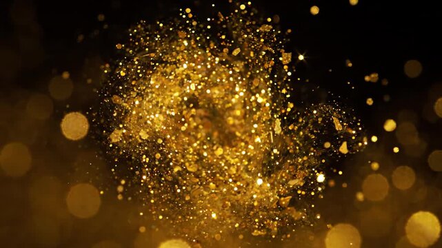 Extreme close up of shimmering golden glitter particles floating and dancing in slow motion within a dark void creating a magical glowing effect