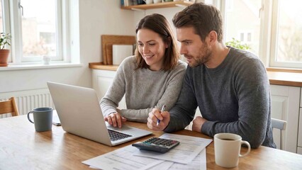 Fototapeta premium Happy couple finance planning at home calculating bills and payments on laptop in a bright kitchen