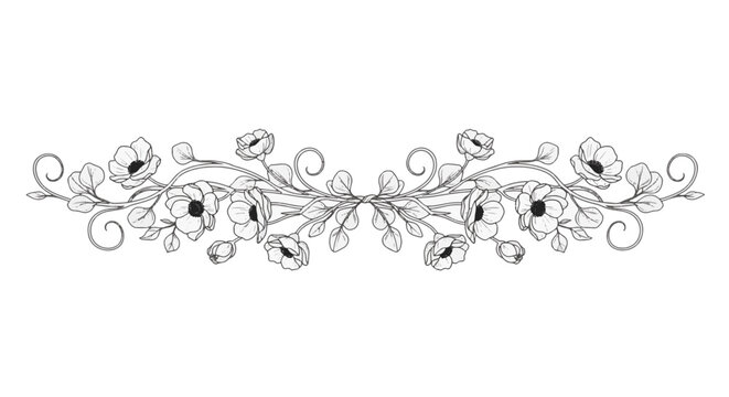Elegant horizontal floral border featuring delicate anemone flowers, winding vines, and curly tendrils in a black and white line art style for wedding invitations and botanical decor.