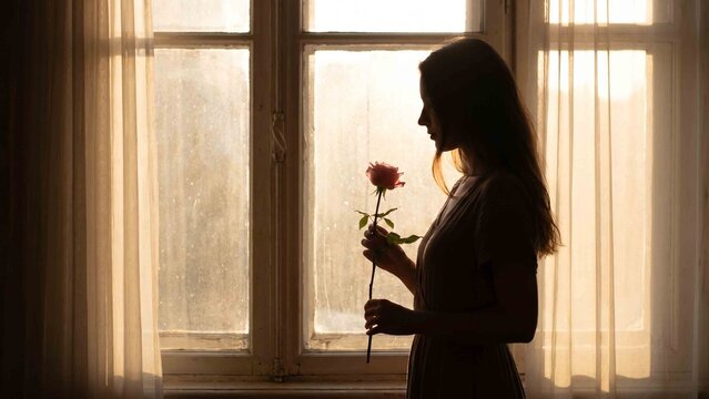 Silhouette of a young woman with a single rose against a sunlit window evoking contemplation and love