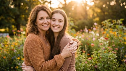 Fototapeta premium Joyful mother and daughter embrace outdoors in a vibrant summer flower garden at golden hour