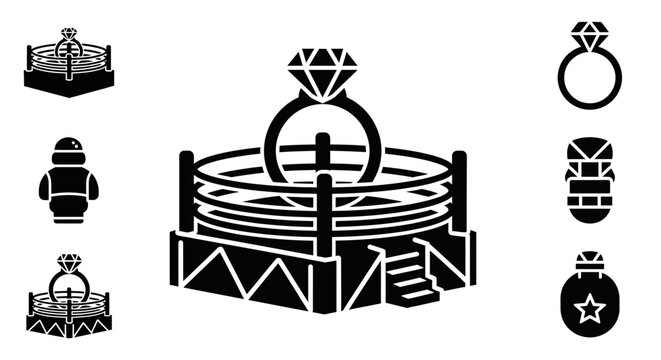 Boxing Ring and Engagement Ring Icons Set - Love Fight Concept