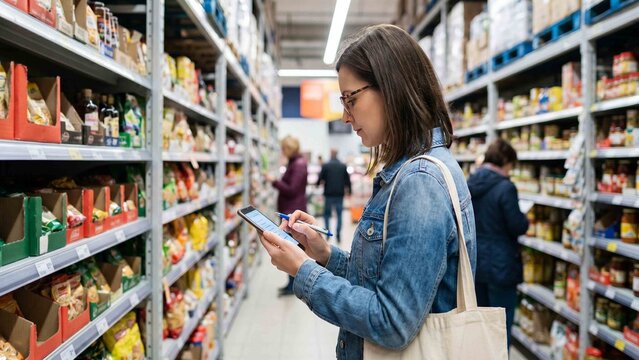 Woman checks digital shopping list on smartphone in supermarket aisle focused on grocery planning