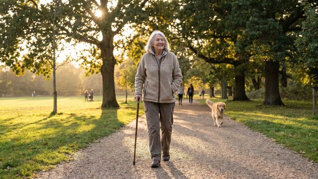Smiling senior woman walk with cane and dog in park active lifestyle during sunset or sunrise