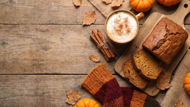 Autumnal overhead view featuring pumpkin loaf warm spiced beverage fall foliage and cozy knitwear