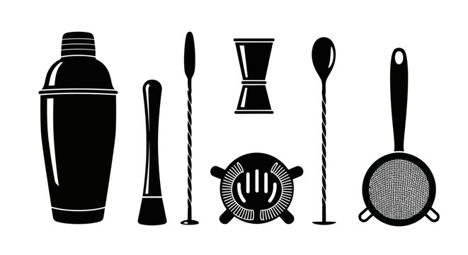 Cocktail Bar Tools Set - Shaker, Muddler, Jigger, Spoon, Strainer