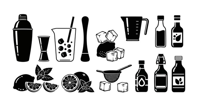 Cocktail Making Icons: Shaker, Jigger, Muddler, Citrus, Ice, Bottles, Strainer