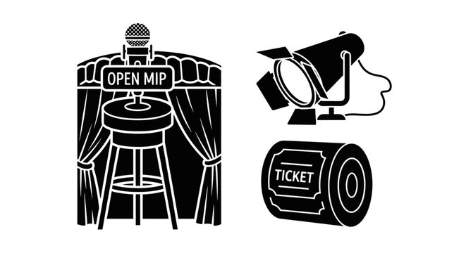 Comedy Show Stage with Microphone, Spotlight, and Ticket Stub