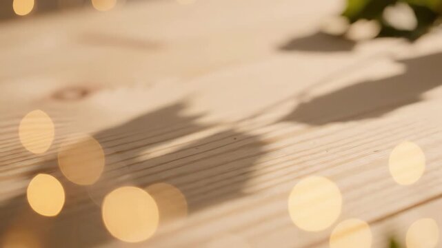 Smooth camera pan over a minimalist light colored pine wooden surface featuring warm circular bokeh light leaks and subtle shadows of leaves