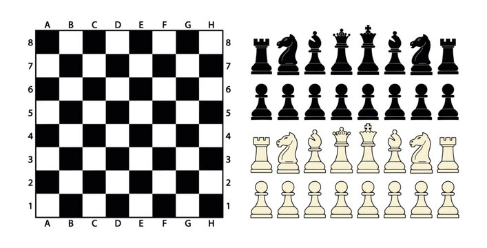 Chessboard with labeled coordinates and full set of black and white chess pieces