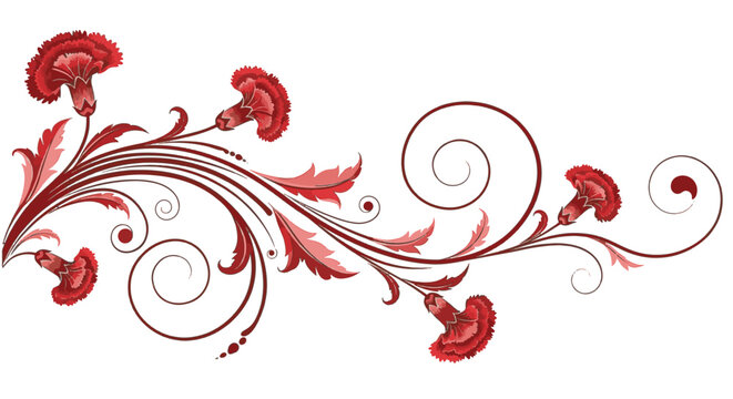 Elegant ruby red carnation floral swirl design featuring detailed flower heads, ornamental curved vines, and stylized leaves isolated on a plain white background for decorative use.
