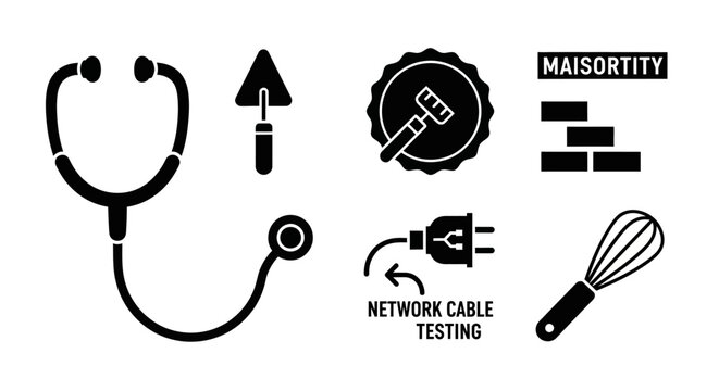 Diverse Icons: Stethoscope, Trowel, Network Testing, Bricks, Whisk