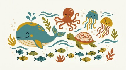 Fototapeta premium Smiling whale, octopus, sea turtle, jellyfish, and various fish swim together in the ocean