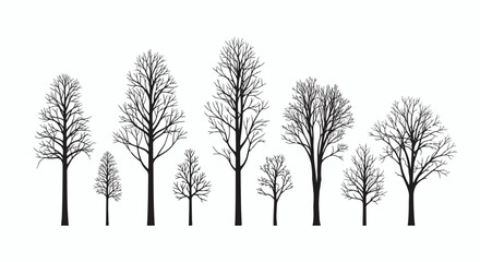 Obraz premium Set of nine black silhouettes of bare deciduous trees without leaves in winter or autumn, isolated on a white background for landscape design or graphic illustration projects.