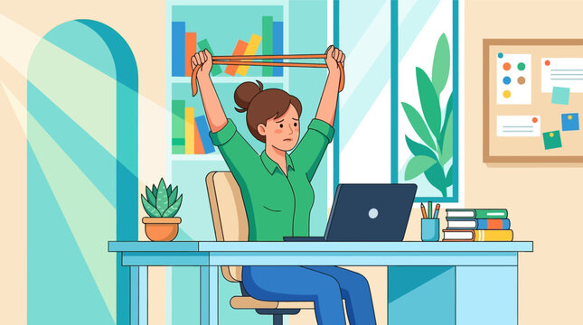 Stress relief concept vector illustration featuring a young female professional at her office desk with a laptop, stretching an orange band while looking worried and exhausted.