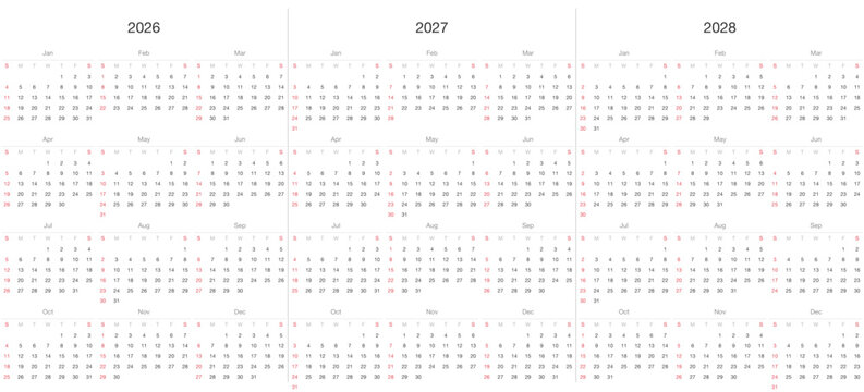 Three-year calendar grid for 2026, 2027, and 2028, featuring monthly date tables with black numbers and red sunday highlights on white background