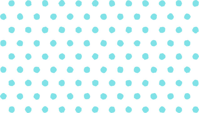 Seamless pattern of hand-drawn light blue polka dots, irregular circular shapes arranged in a repeating grid on a solid white background