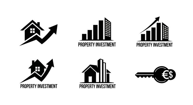 Real Estate Investment Growth Icons: House, Buildings, Arrow, Key, Currency Symbol