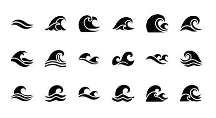 Fototapeta premium Set of 20 stylized wave icons, black and white, vector graphics