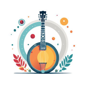 Flat vector illustration of a banjo with decorative elements