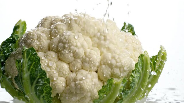 Close up of fresh water droplets falling on a crisp cauliflower head with green leaves against a white backdrop