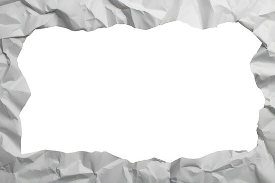 Crumpled white paper texture forming a ripped border frame with transparent empty copy space