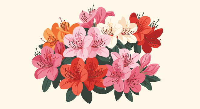 Vector illustration of a compact bouquet of blooming azalea flowers in pink, red, orange, and white with dark green leaves isolated on a plain cream background for botanical design.