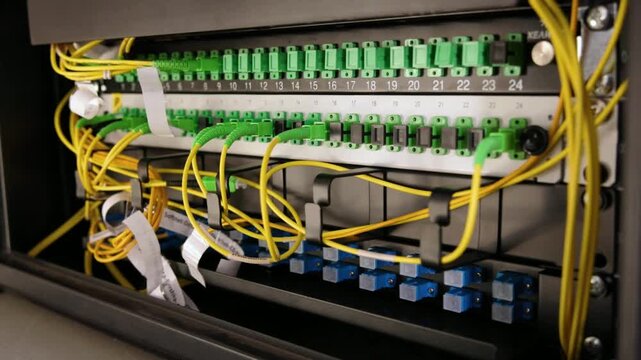 Internet modem with cables and electric plugs hardware technology connection network communication infrastructure concept in 4K Ultra HD footage.
