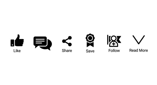Social Media Icons: Like, Comment, Share, Save, Follow, Read More - Vector Graphics