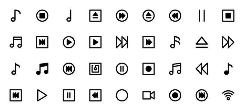 Media Element icon pack. Minimal vector icons set. Featuring semibreve, crotchet, play button, pause, rewind, fast forward, stop, eject, music player, video player, NFC, Wi-Fi, and more. Editable stro