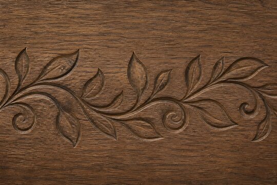 Intricate floral vine carving on dark textured wooden surface