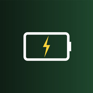 A white outlined battery with a yellow lightning bolt symbol centered on a dark forest green gradient background, flat