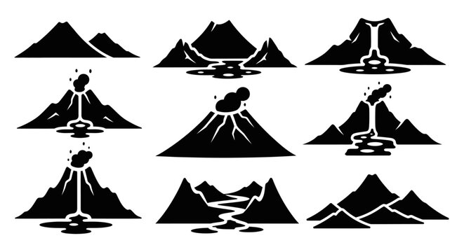Volcano Eruption Icons Set, Lava Flow and Mountain Landscape