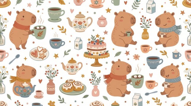 Adorable capybaras gather for a tea party, drinking hot beverages and enjoying sweet desserts