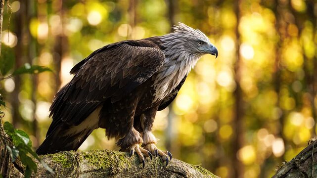 Slow motion profile of a majestic harpy eagle perched on a tree branch looking right with its feathers rustling in the wind