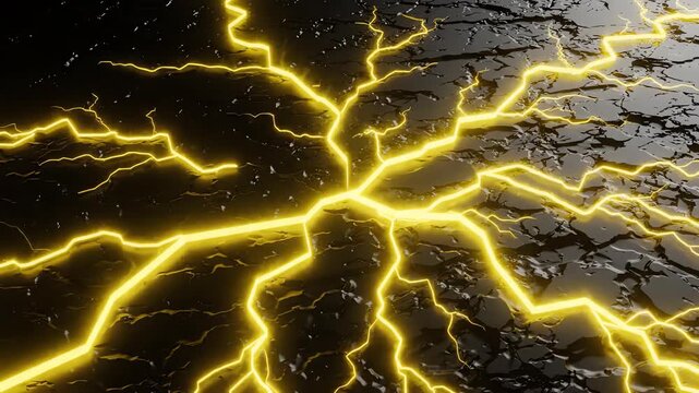Stylized abstract yellow lightning patterns slowly crawling over a dark black surface in a sleek minimalist motion graphics loop