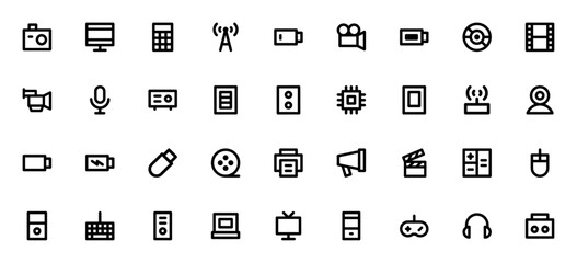 Electronics icon set. Minimal thin line icons. Featuring camera, monitor, calculator, battery, microphone, speaker, laptop, smartphone, gamepad, headphones, and more. © wang