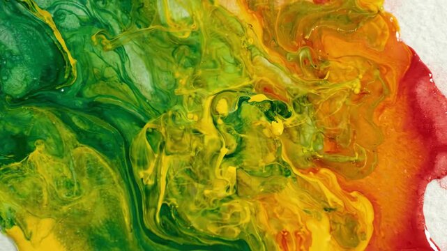 Abstract watercolor background with fluid motion of green yellow and red paint colors blending at a tilted angle for artistic design