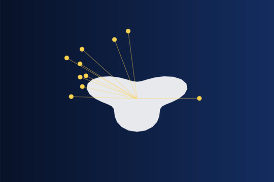 Abstract with a light gray amoeboid shape and radiating yellow lines ending in dots on a dark blue gradient background