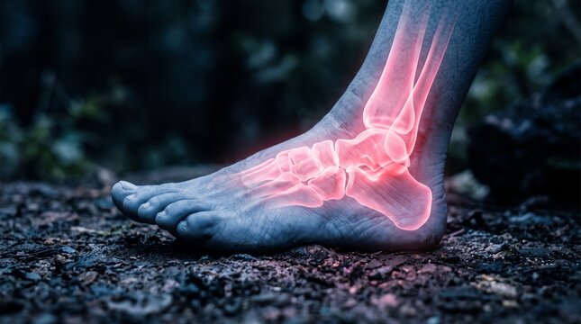 Anatomical illustration of a human foot showing skeletal structure and joint pain.