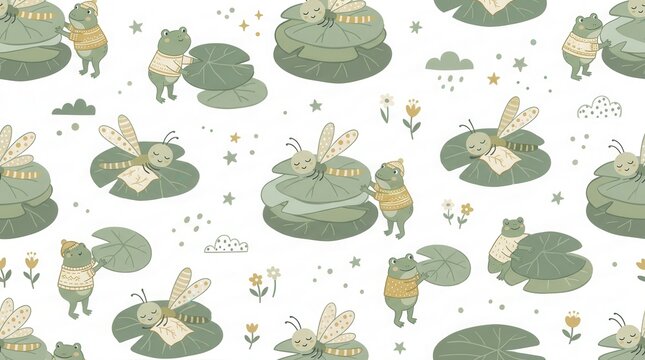 Charming scene depicts green frogs and sleeping dragonflies amidst lily pads and tiny flowers
