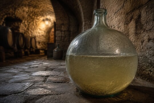 Large spherical glass demijohn with cloudy liquid in an ancient wine cellar.
