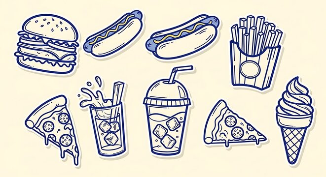 Fast food favorites doodle icon set with hot dog ice cream junk food cravings