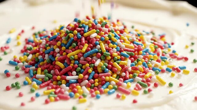 Extreme close up slow motion of colorful rainbow sprinkles falling onto smooth white vanilla frosting surface creating abstract sugary textures