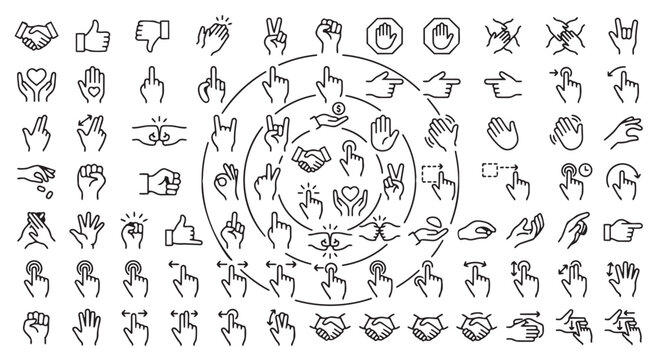 Hand gestures and interaction sign icons with circular diagram gesture set sign language gestures