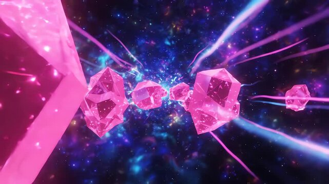 Futuristic vaporwave background with neon pink holographic crystals rotating slowly in a surreal iridescent void with glowing light trails