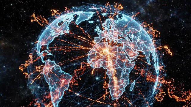 Fast dynamic streams of vibrant orange and red light particles moving through a digital world map network in a futuristic dark space