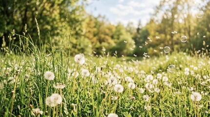 Fototapeta premium Beautiful Meadow of Dandelion Seeds Blowing in the Wind at Sunset