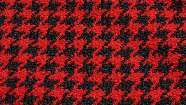 Seamless motion of a classic red and black houndstooth pattern moving diagonally across a screen in an abstract textile animation
